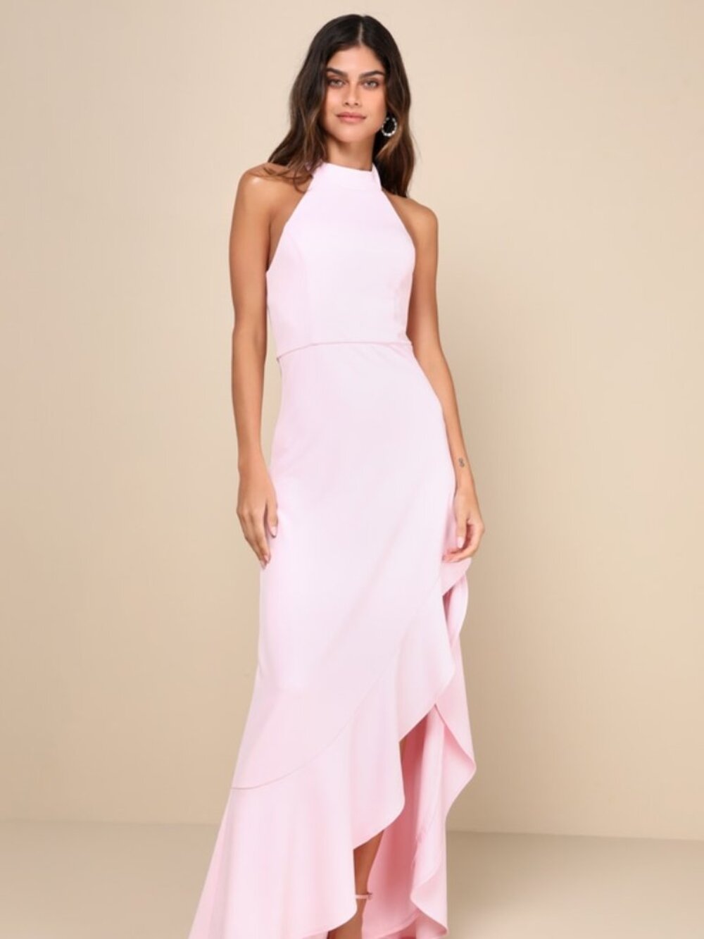 Lulus Majestic Perfection Light Pink Ruffled Halter Maxi Dress - Size S